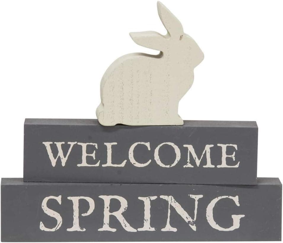 HAPPY DEALS ~ Welcome Spring Stacking Block Set with Bunny | 3 pc Set - 7 inch Farmhouse Style Chunky Spring Bunny Decor
