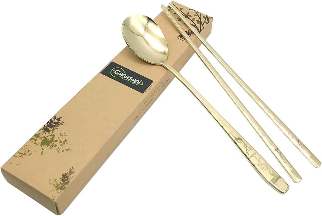 GARASANI Korean Traditional Spoon and Chopsticks Gold Titanium Plated Stainless Steel Cutlery (Gold Longevity)