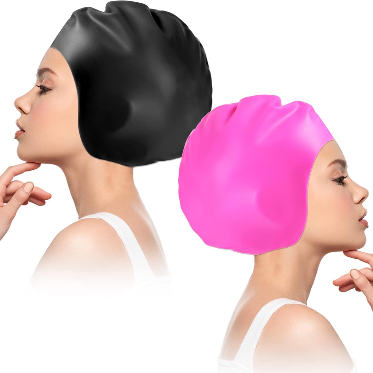 2 Pack Large Swim Cap Elastic Silicone Swimming Hat Swim Hats for Women Long Hair Bathing Cap Hair Protector for Swimming Afro Swimming Cap for Women Men Unisex Adults, Black and Rose Red