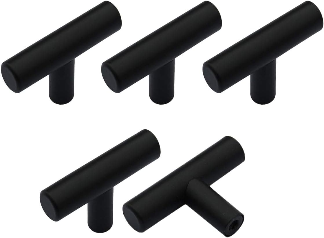 Home Accessories Factory 5 Pack - Upgrade Single Hole Flat Black Cabinet Knobs 2in 50mm Length, Euro T Style Drawer Pulls Stainless Steel Kitchen Furniture Hardware Round Tube Cupboard Door Handles