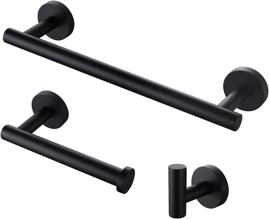 Kenivix 3-Piece Bathroom Hardware Set Toilet Paper Holder Robe Towel Hook Hand Towel Bar Contemporary SUS304 Stainless Steel Wall Mount Accessories Set Matte Black