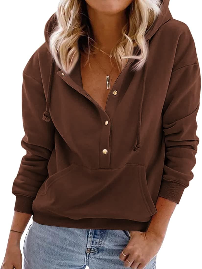 Shaeueak Women's Button Hoodie Casual Long Sleeve Hooded Sweatshirt with Drawstring