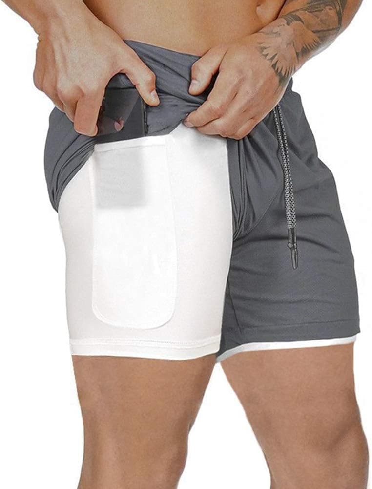 Akk Men's 2 in 1 Running Shorts Workout Training Yoga Gym Sport Short Pants with Zipper Phone Pockets