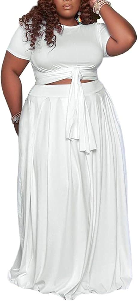 Ophestin Womens Plus Size 2 Piece Dress Outfits Solid Crop Top Maxi Skirts Set