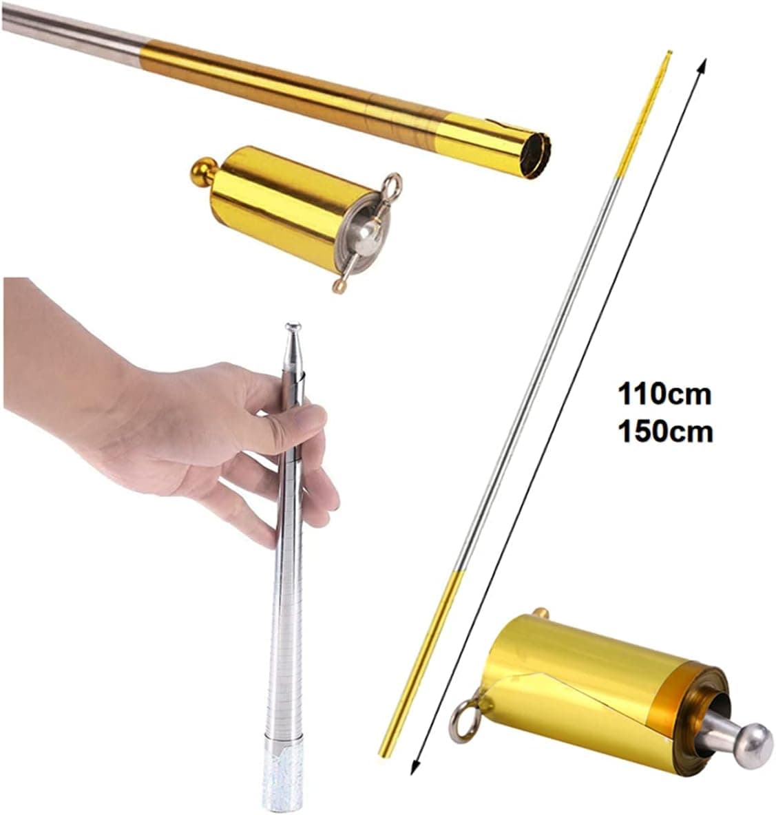 ZWIFEJIANQ Magic Wand, Magic Appearing Cane Magic Staff for Professional Magician Stage Street Magic Performance Accessories (110cm, Gold)