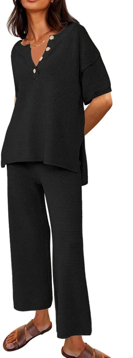 LILLUSORY Womens 2023 Spring Trendy 2 Piece Lounge Sets Cozy Knit Sweater Short Sleeve Slouchy Loungewear Set