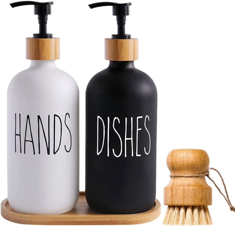 Glass Soap Dispenser Kitchen Set,16oz Dish and Hand Soap Dispenser Set with Bamboo Dish Scrub Brushes,Bamboo Tray for Black and White Bathroom Farmhouse Kitchen Wall Decor