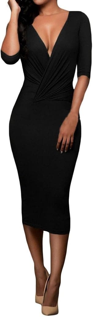 TIKSAWON Womens Sexy Wrap V Neck Bodycon Party Cocktail Club Midi Dress