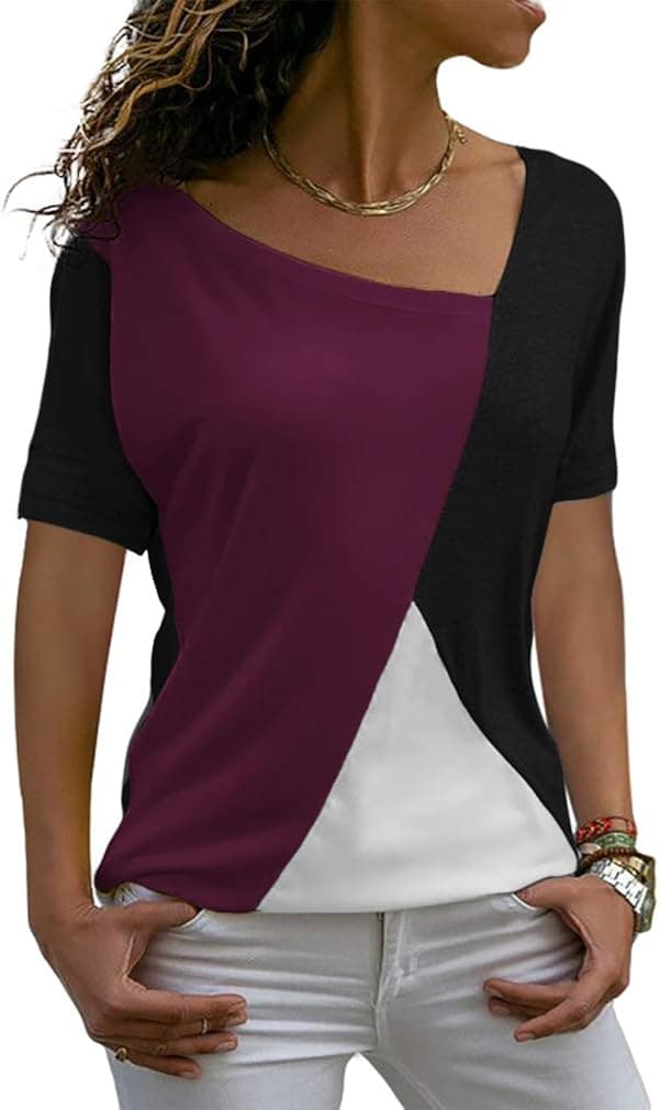 Sarin Mathews Womens Shirts Casual Tee Shirts Short Sleeve Patchwork Color Block Loose Fits Tunic Tops Blouses