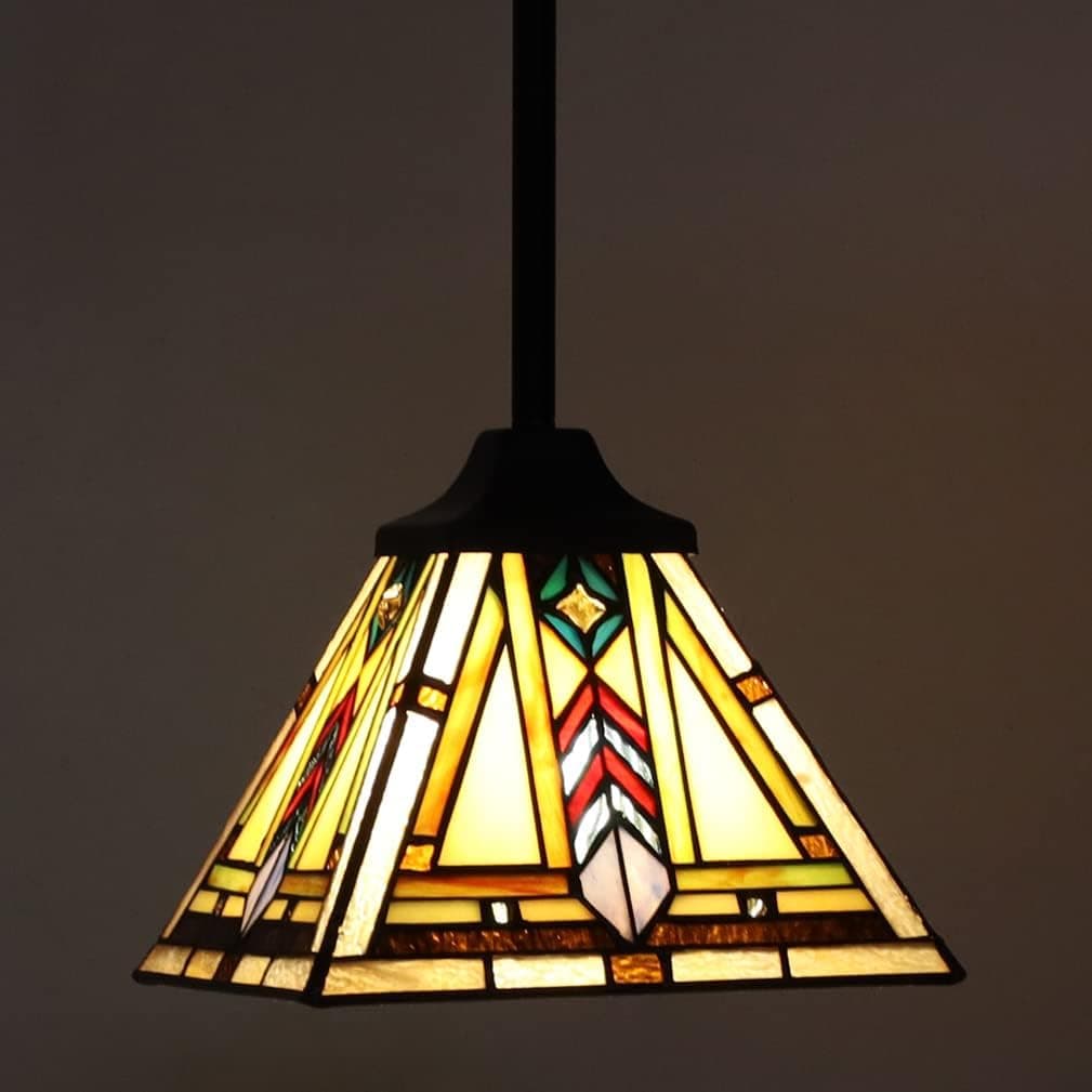 ARTZONE Tiffany Stained Glass Pendant Light W8 Inch Handmade Mission Style Hanging Lamp for Kitchen Island Dining Room