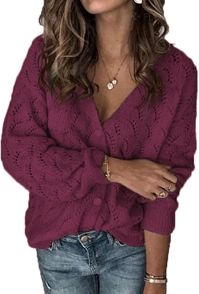 Womens V Neck Knit Sweater Button Long Sleeve Hollow Out Casual Loose Solid Pullover Jumper Tops