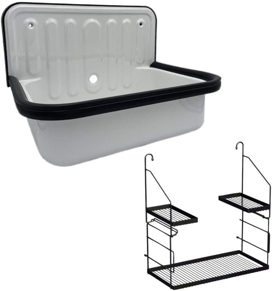Alape Bucket Sink Small Service Sink Glazed Steel Utility Sink and Utensilo Storage Caddy, with Overflow, Black Trim