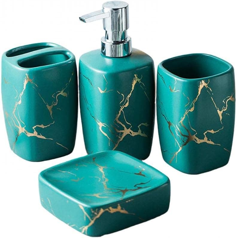 Bathroom Accessories Set Ceramic Soap Dispenser Toothbrush Holder Bathroom Tumbler Soap Dish Vanity Tray Bathroom Decor Modern Marble Print Countertop Accessory Set (Green 4-piece suit)