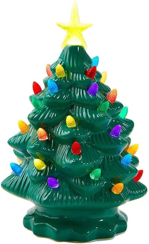 Retro Multicolored Lighted Green Ceramic Tabletop Christmas Tree, Large