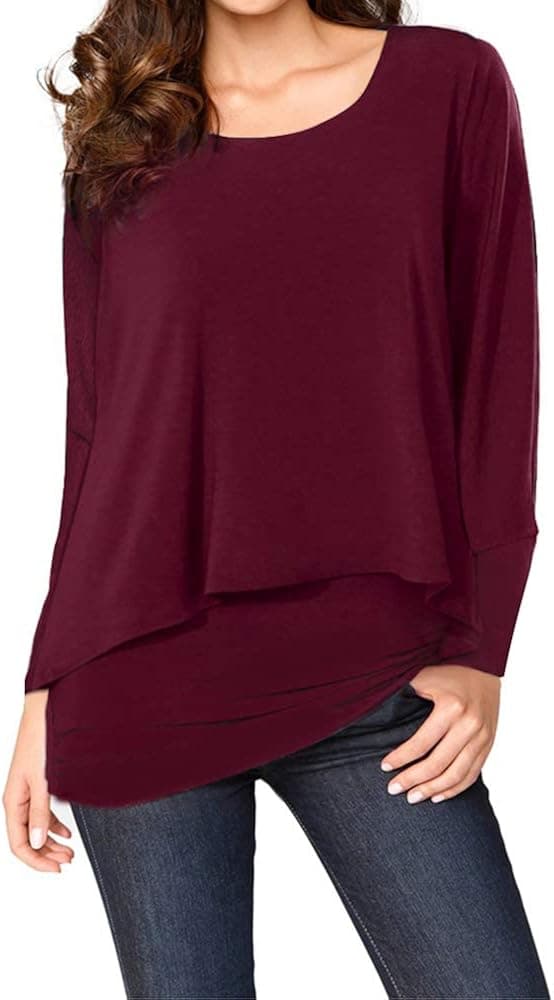 Upopby Women's Casual T-Shirt Long Sleeve Tunic Tops Batwing Layered Round Neck Loose Blouses Plus Size