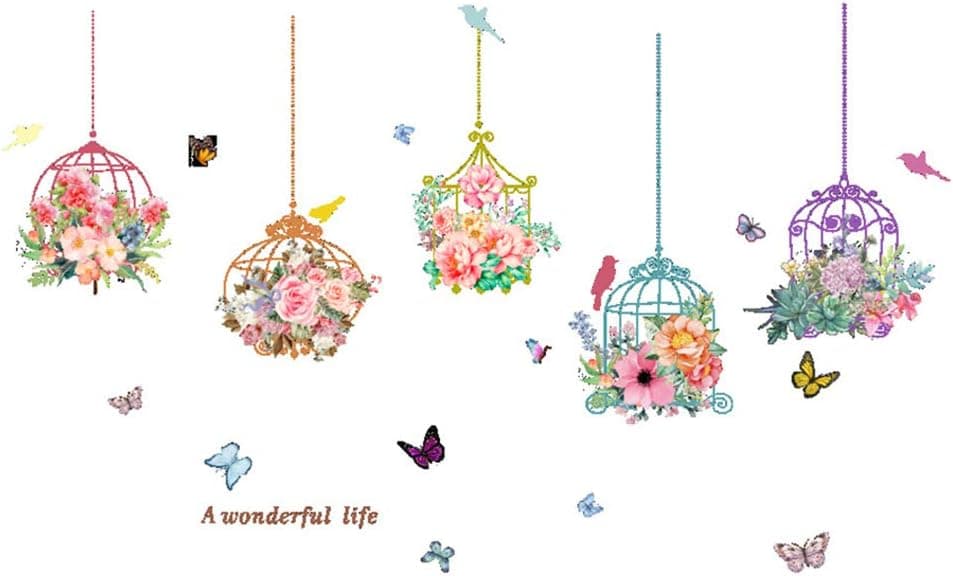 Flowers Wall Decal Beautiful Floral with Butterflies Wall Sticker DIY Murals for Girls Kids Bedroom Wedding Party Wall Decoration (Bird Cage)