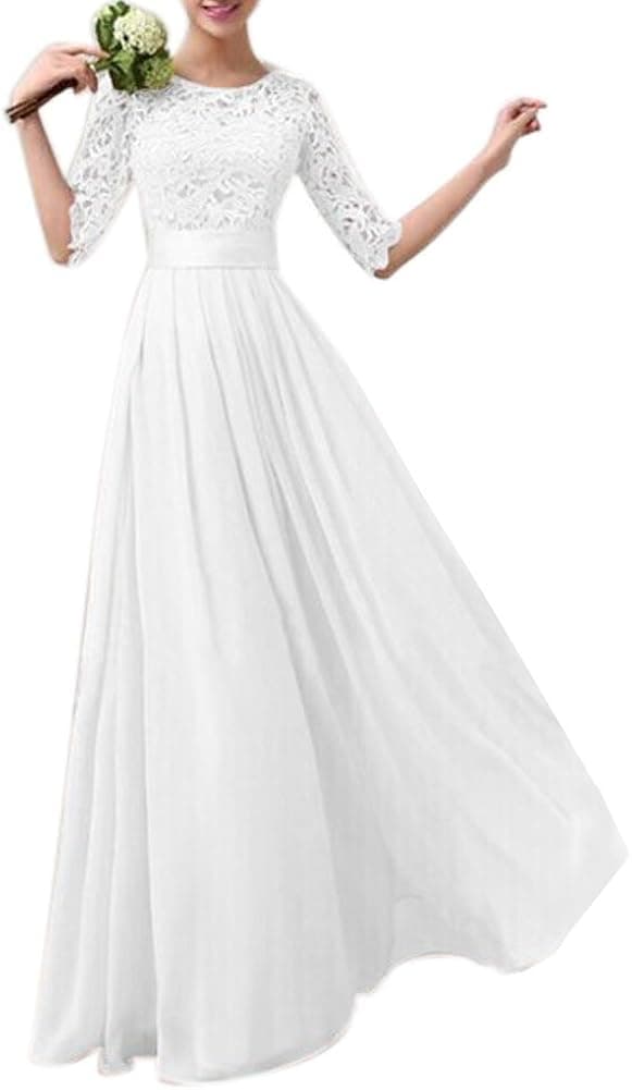 SEBOWEL Women Crochet Half Sleeve Lace Top Chiffon Wedding Bridesmaid Gown Prom Dress
