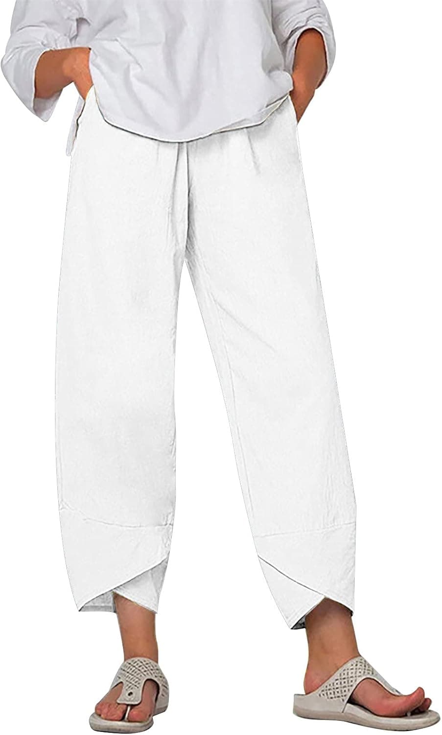 ZYNIC Women's Pants Elastic Waist Flowy Linen Capri Pants for Women Casual Summer Baggy Petite Solid Color Capris