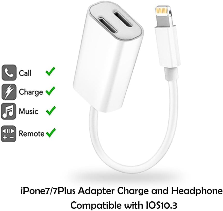 iPhone 7 Adapter & Splitter,PHADEN Dual Lightning Headphone Audio & Charge Adapter for iPhone 7 / 7 Plus (Support iOS 10.3; iOS 11) (white)