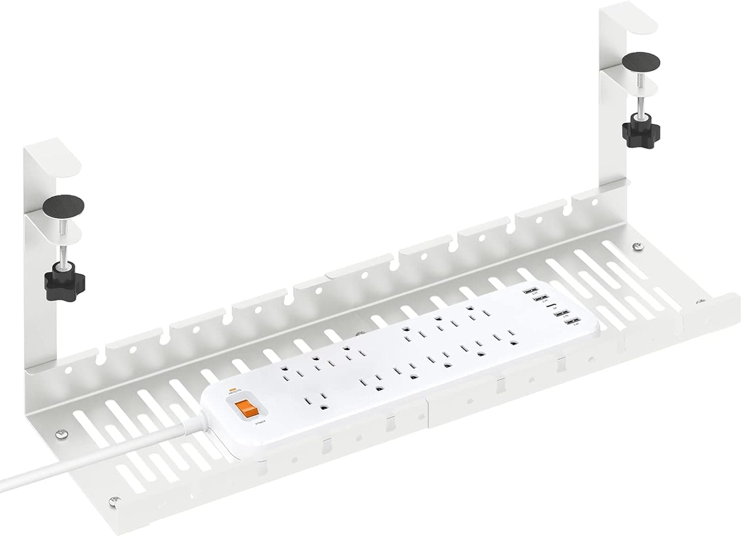 Under Desk Cable Management Tray, No Drill Cable Tray with Clamp, Adjustable Desk Wire Management Tray 13.8" - 21.8“, Cord Management with Cable Holder Ties for Home Office Standing Desk, White