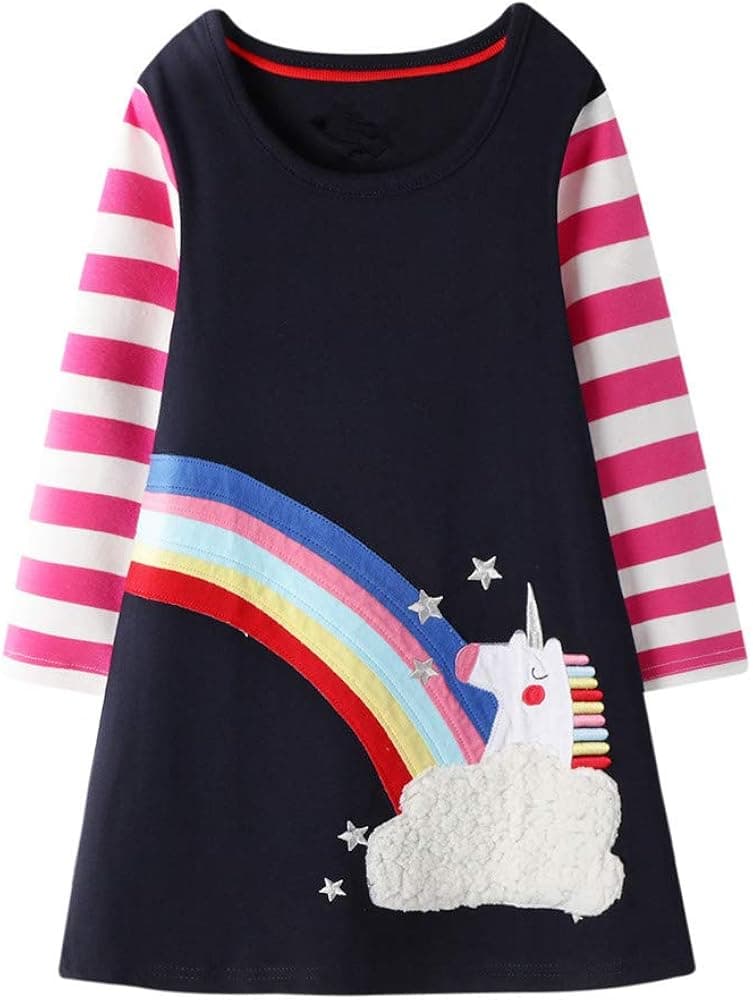 HOMAGIC2WE Toddler Girl Long Sleeve Dress Basic Cotton Applique Dresses Stripe Tops
