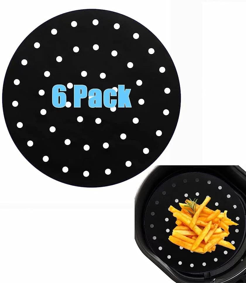 LokiLux Non-Stick Round Air Fryer Basket Mats, Perforated Air Fryer Liners 9 Inch,Work as Air Fryer Parchment Paper, Easy to Clean,Compatible with,Ninja Foodi/GoWISE, 6 Pack, Black