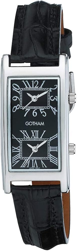 Gotham Unisex Silver-Tone Dual Time Zone Leather Strap Watch # GWC15090SB