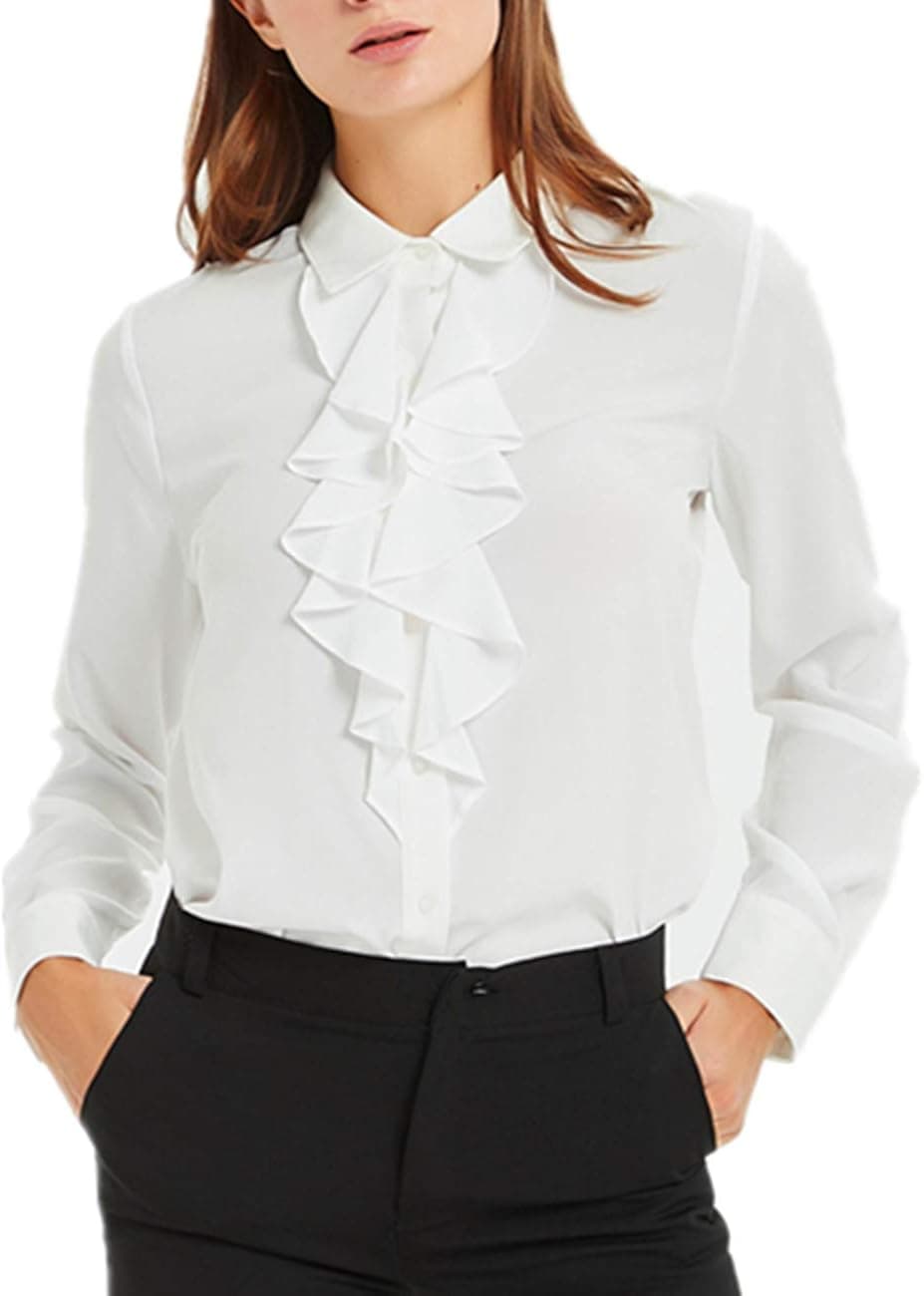 ACONIYA Womens Vintage Spring/Autumn Long/Short Sleeve Lotus Ruffled Casual Work Shirt Chiffon Blouse Basic Tops