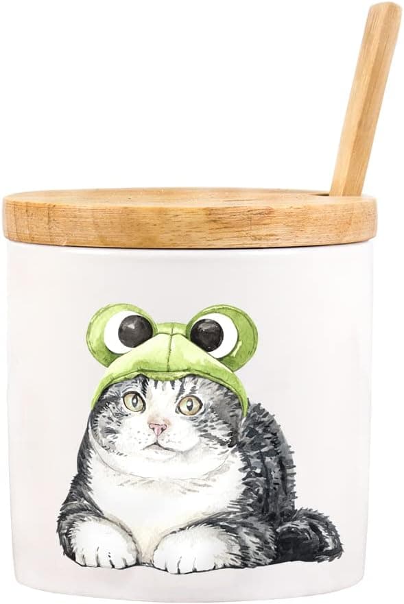 Cute and Fun Beautiful Short Cat Patterned Creative Ceramic Sugar Bowl, Perfect for Coffee Bar Kitchen and Home Breakfast, Ideal Gift for Cat Lovers, with Wooden Lid and Spoon