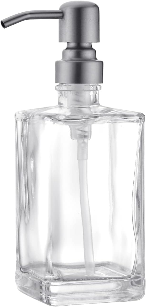 Square Glass Soap Dispenser, Shcassa Anti-Rust Soap Dispenser, High-Grade Transparent Refillable Manual Soap Dispenser in Brushed Nickel