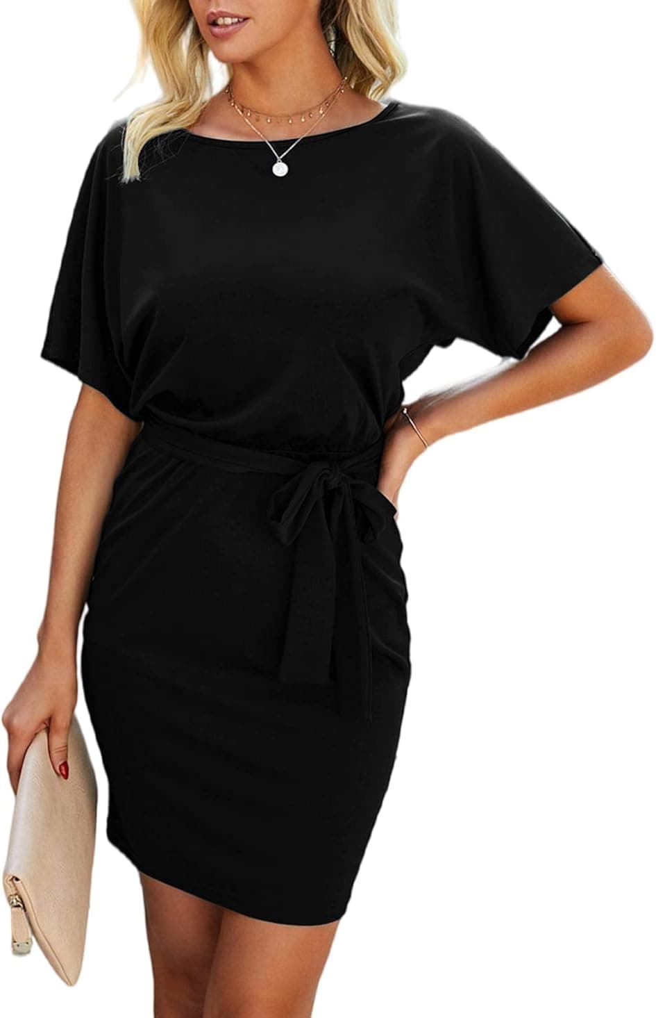 Metyou Women's Casual Short Sleeve Bodycon Pencil Dress Crewneck Tie Waist Stretchy Mini Dress