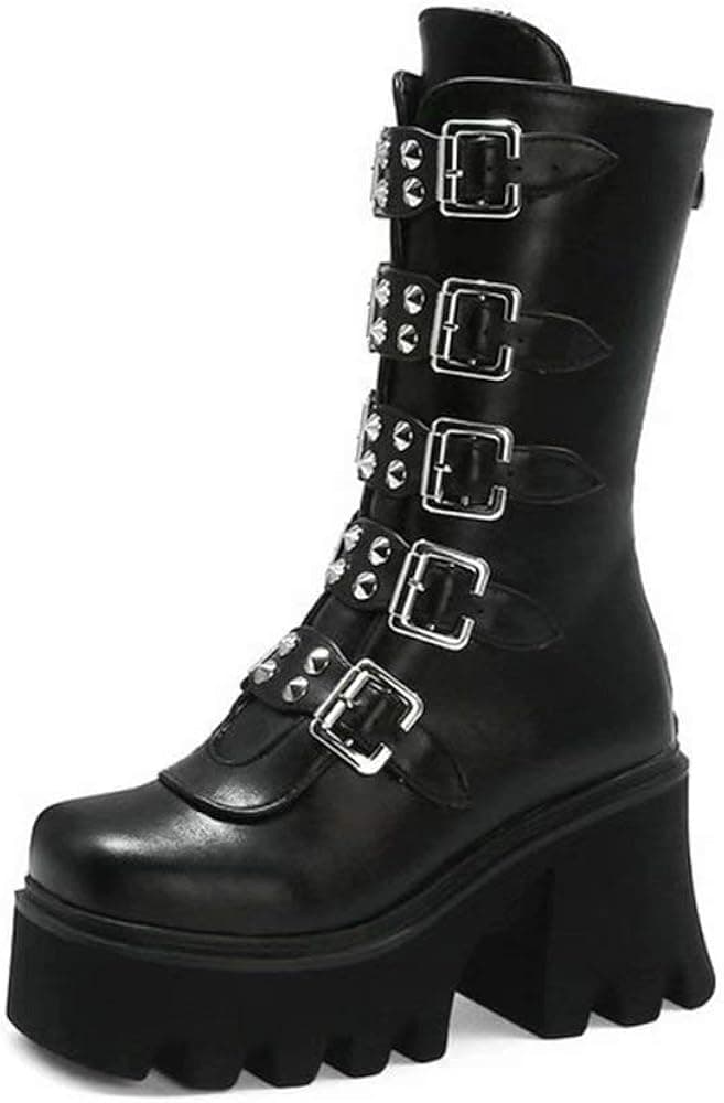 Women's Studded Chunky High Heel Booties Mid Calf Round Toe Combat Boots with Buckle and Rivet Thick Platform Black Goth Lady Boots