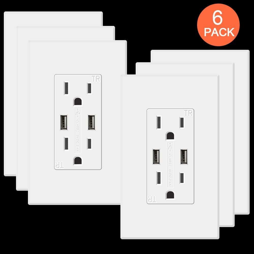 6 Pack USB Outlet Receptacle, GUKIBO 3.4A High-Speed USB Charger Outlet 15A Tamper-Resistant Duplex Receptacle, UL-Listed Electrical Wall Outlets with Dual USB Ports with Screwless Wall Plates