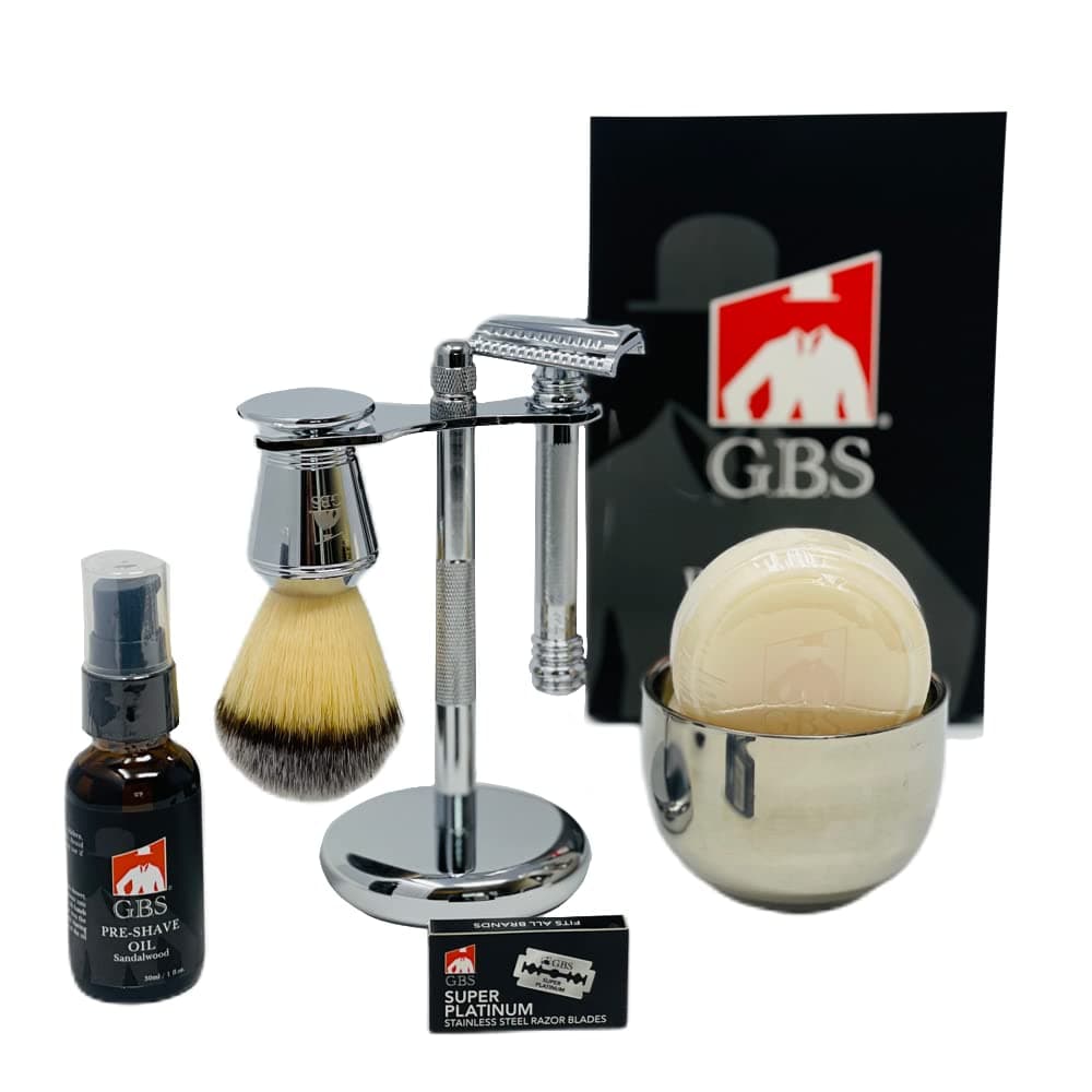 G.B.S Slant Safety Razor Shaving Set - Chrome -39 Stubble Remover, Shaving Brush & Slanted Razor, Stand, Bowl Soap + 10 Sharp Blades Effortless Glide Classic Style Salon