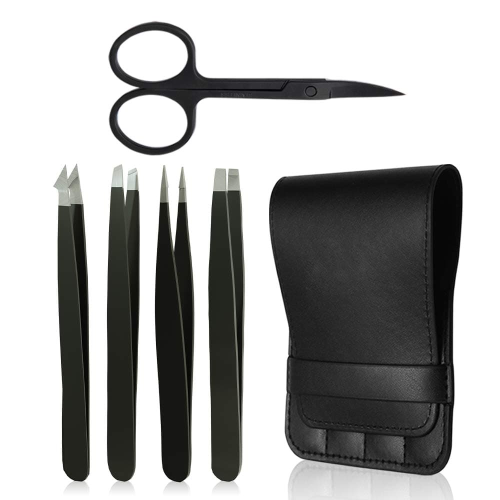 Tweezers for Eyebrows, Tweezer Precision for Eyebrows, Splinter & Ingrown Hair Removal 5 Piece (Black)