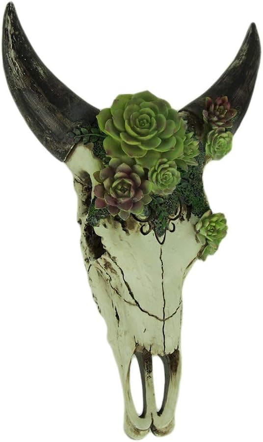 Zeckos Aged Bull Skull with Succulent Plants Hanging Resin Statue