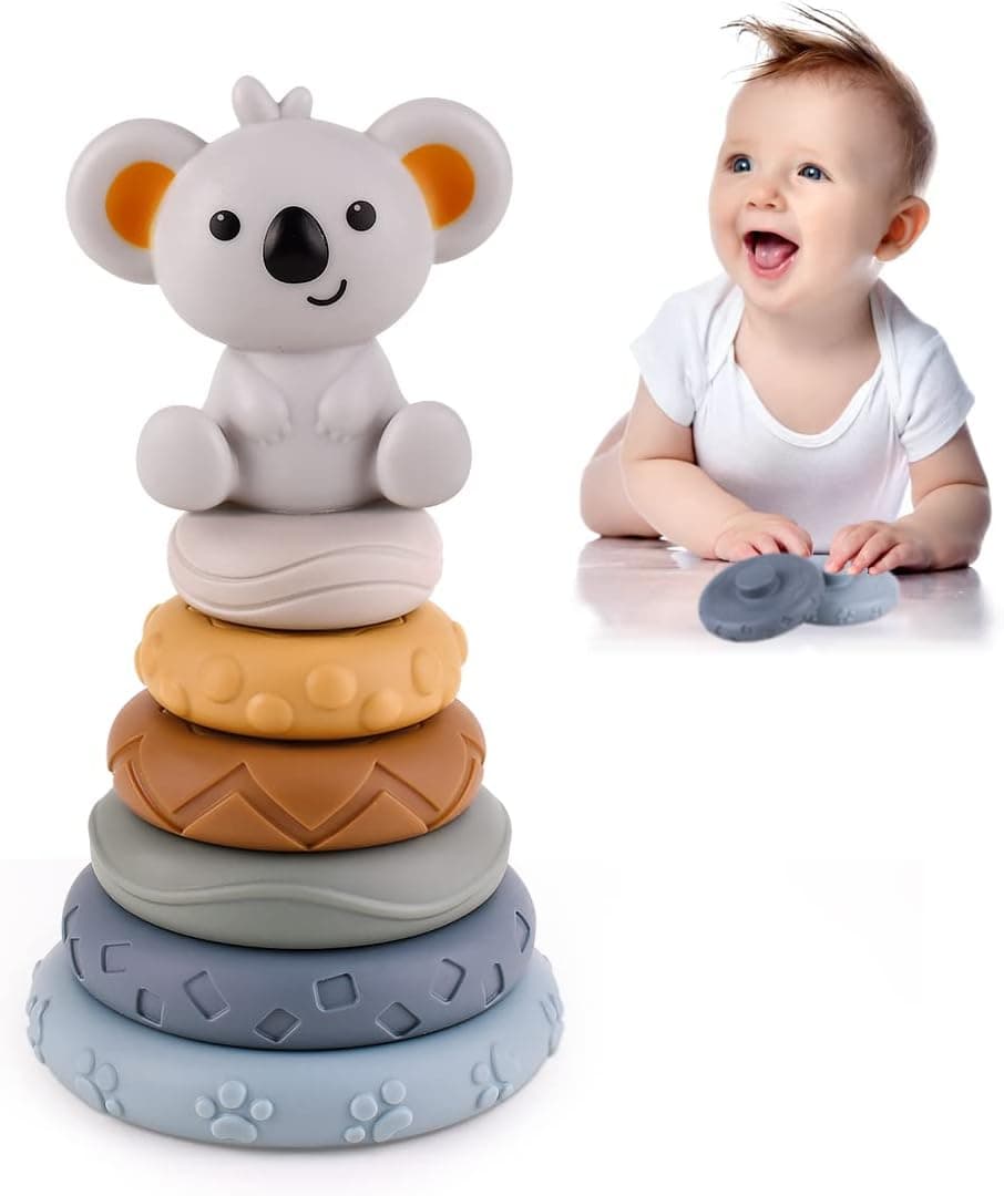 KOESMG 7 PCS Stacking Nesting Circle Toy, Soft Squeeze Building Blocks Sensory Toys, Early Learning Color & Pattern Montessori Toys for 6 8 12 Months Toddlers