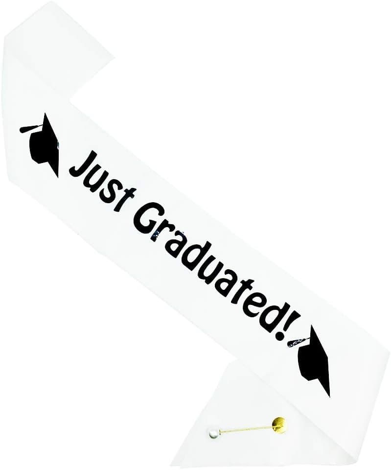 White “Just Graduated!” Graduation Sash | Classy Graduate Satin Sash | 2019 Graduation Celebration Party Supplies | Funny Graduation Gift