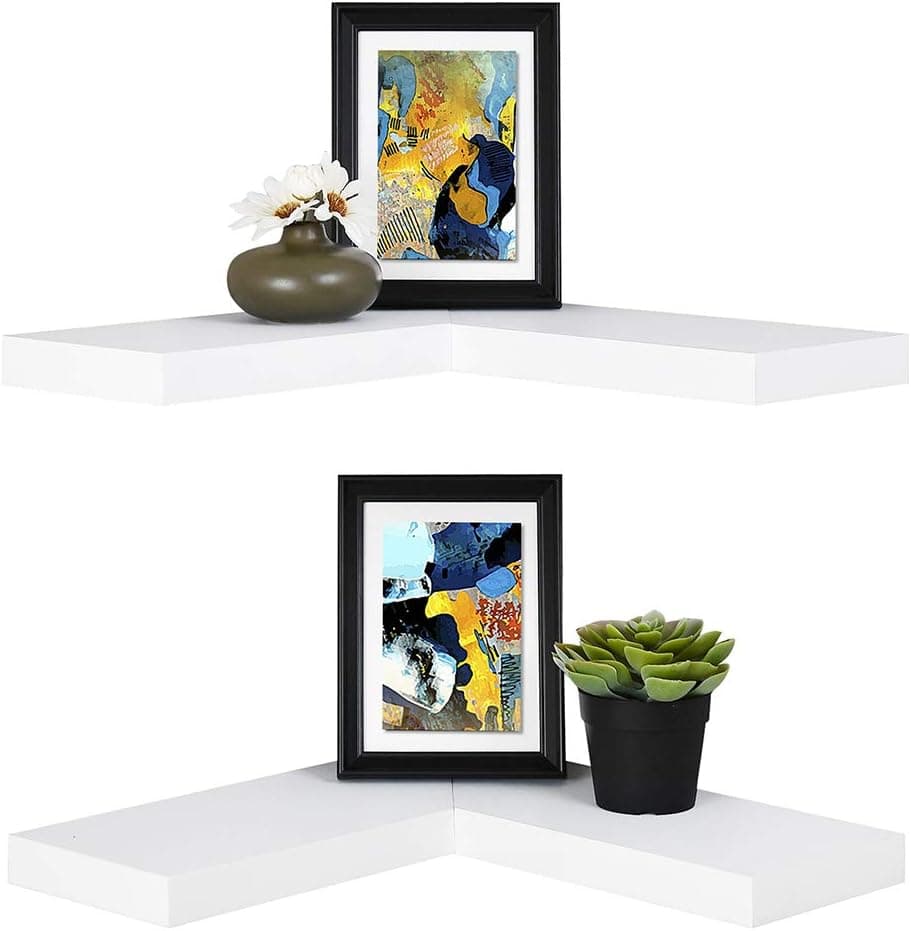 WELLAND Floating Corner Shelf Set of 2, White Wall Mounted Display Shelf with Concealed Hardware for Bedroom, Kids Room, Living Room, Bathroom and Kitchen