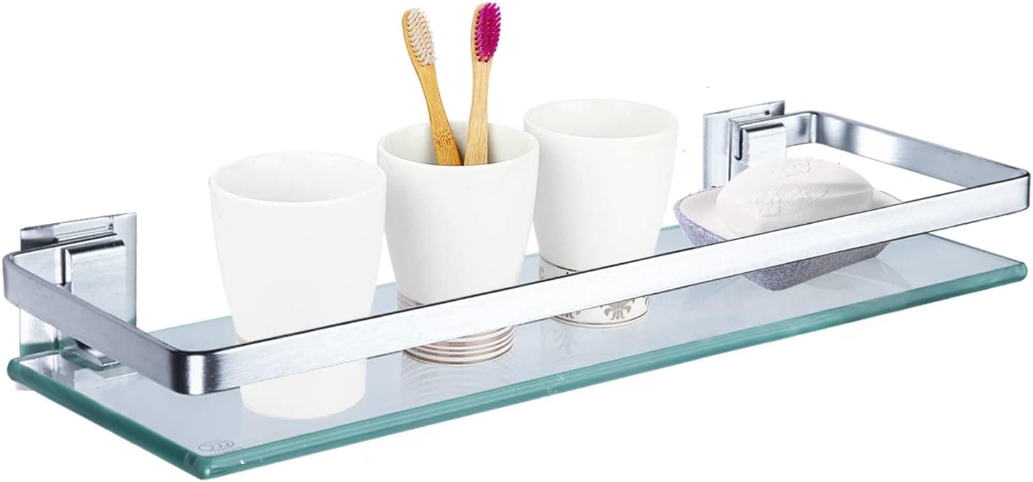 BOPRIO Glass Bathroom Shelf Floating Wall Shelves Storage Shower Accessories Organizer Silver