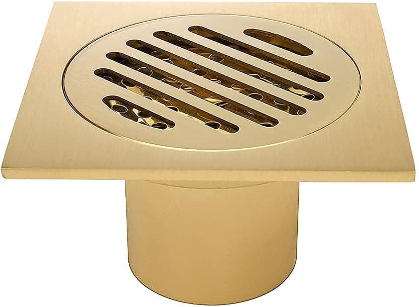 4 Inch Bathroom Floor Drain Brass, Square Shower Sink with Drain Base Flange 2" Outlet, Drain Strainer for Hair Strainer, Gold