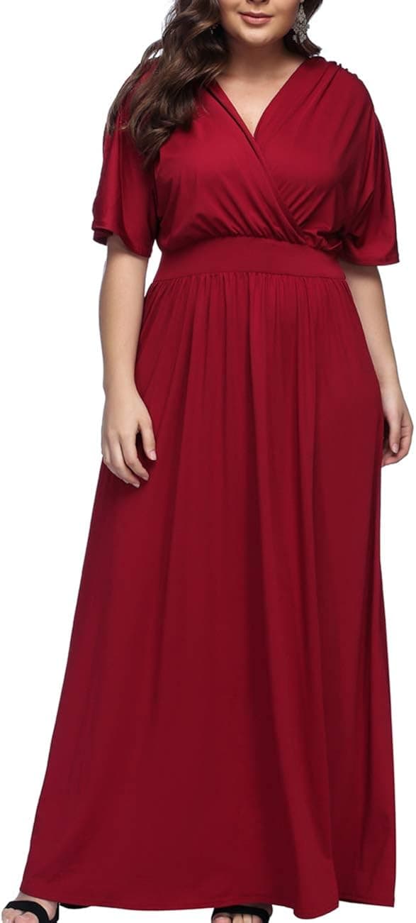 KUREAS Women's V-Neck Stretchy Casual Long Plus Size Bridesmaid Dress Evening Party Dress