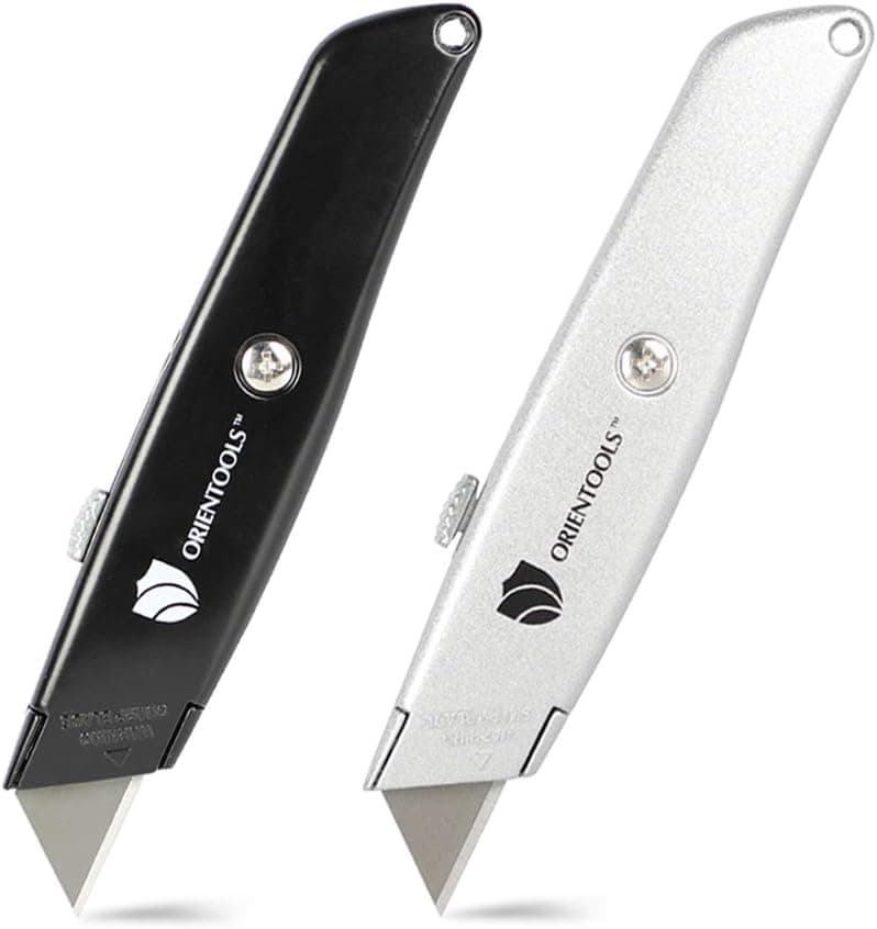 ORIENTOOLS Utility Knife Box Cutter Heavy Duty Retractable, 3 Position Locking Blade, Black and Silver (2-Pack)