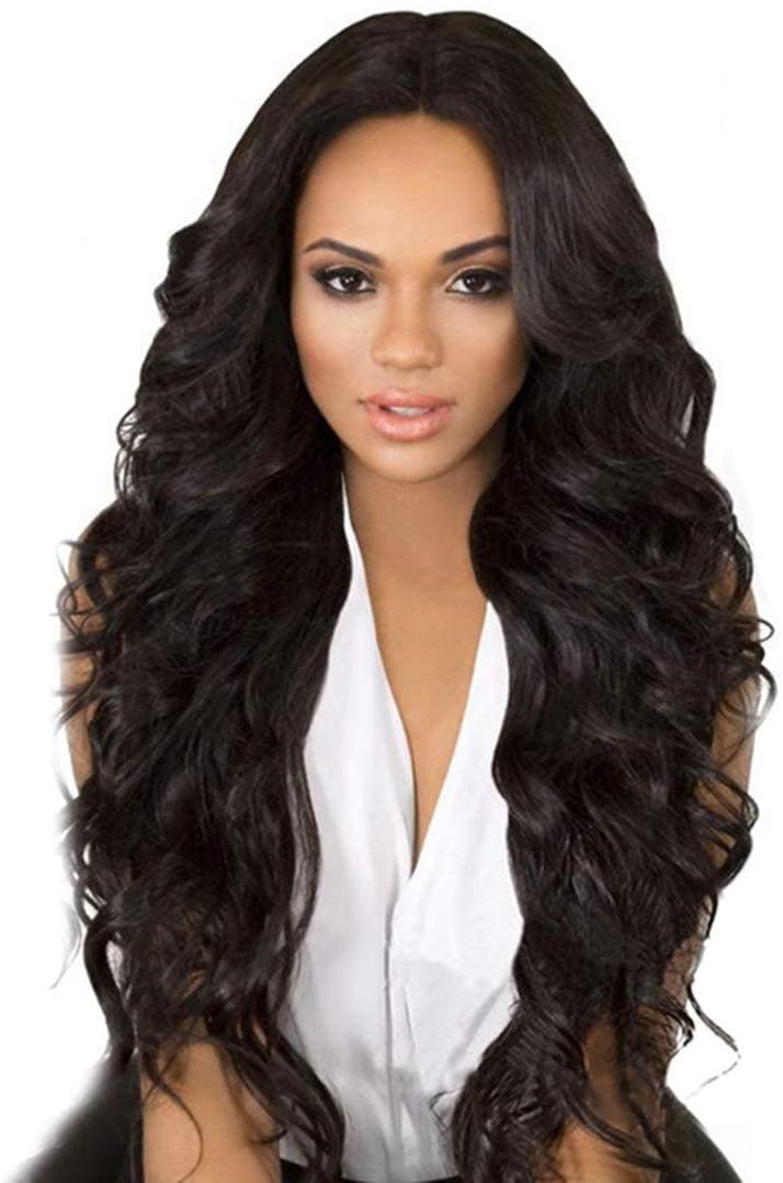 YUNSI Black Long Hair Curly wig Wavy, Full Head Halloween Wigs For Women Cosplay Costume Party Hairpiece