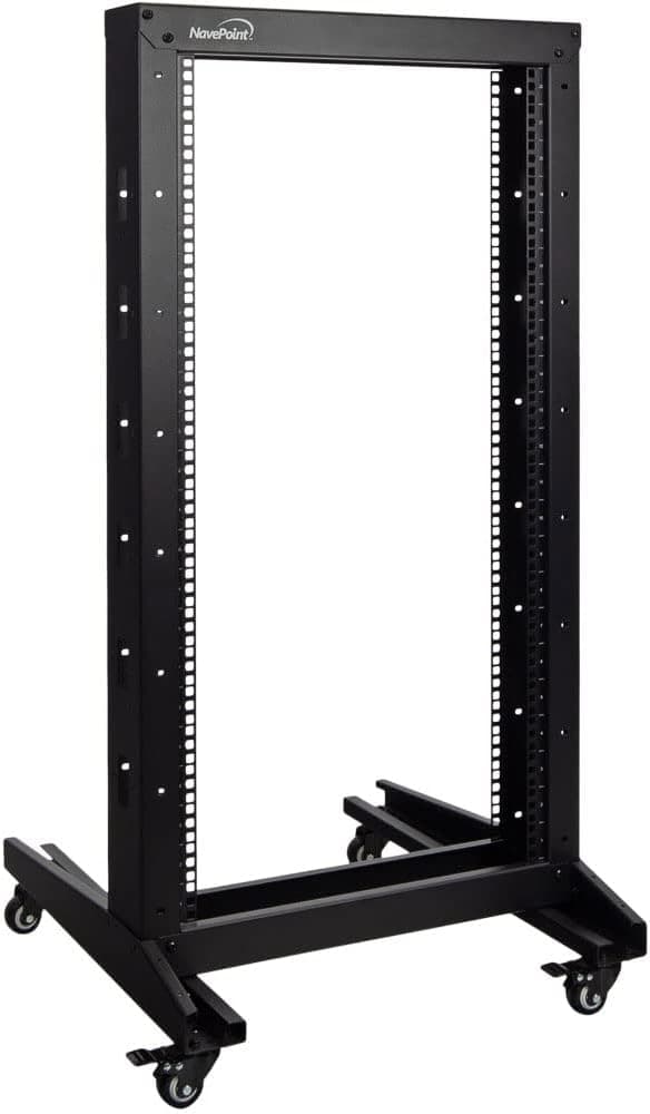 NavePoint 22U Open Frame Server Rack, 2 Post for 19” Networking Equipment, A/V, Floor Mount Stationary/Includes Casters, Weight Capacity 330 Lbs