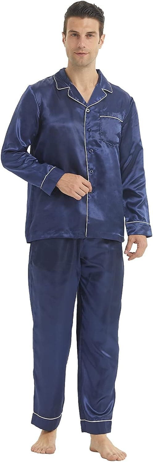 Classic Mens Satin Pajamas Set Sleepwear Silk Comfy Pajamas for Men Long Sleeve Loungewear PJS for Men 2 Piece Lounge Sets
