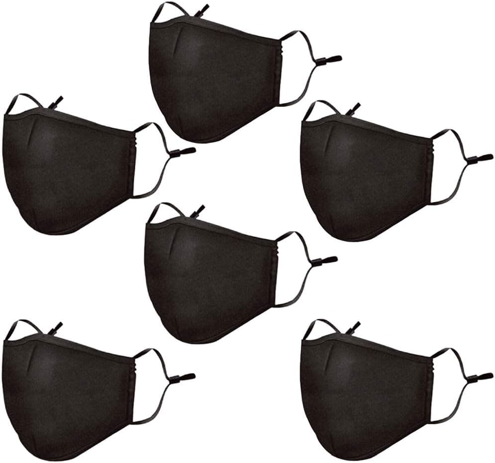Black Face Mask 6 Pack Premium Adult 3 Layer Washable Reusable Soft Cotton Fabric Adjustable
