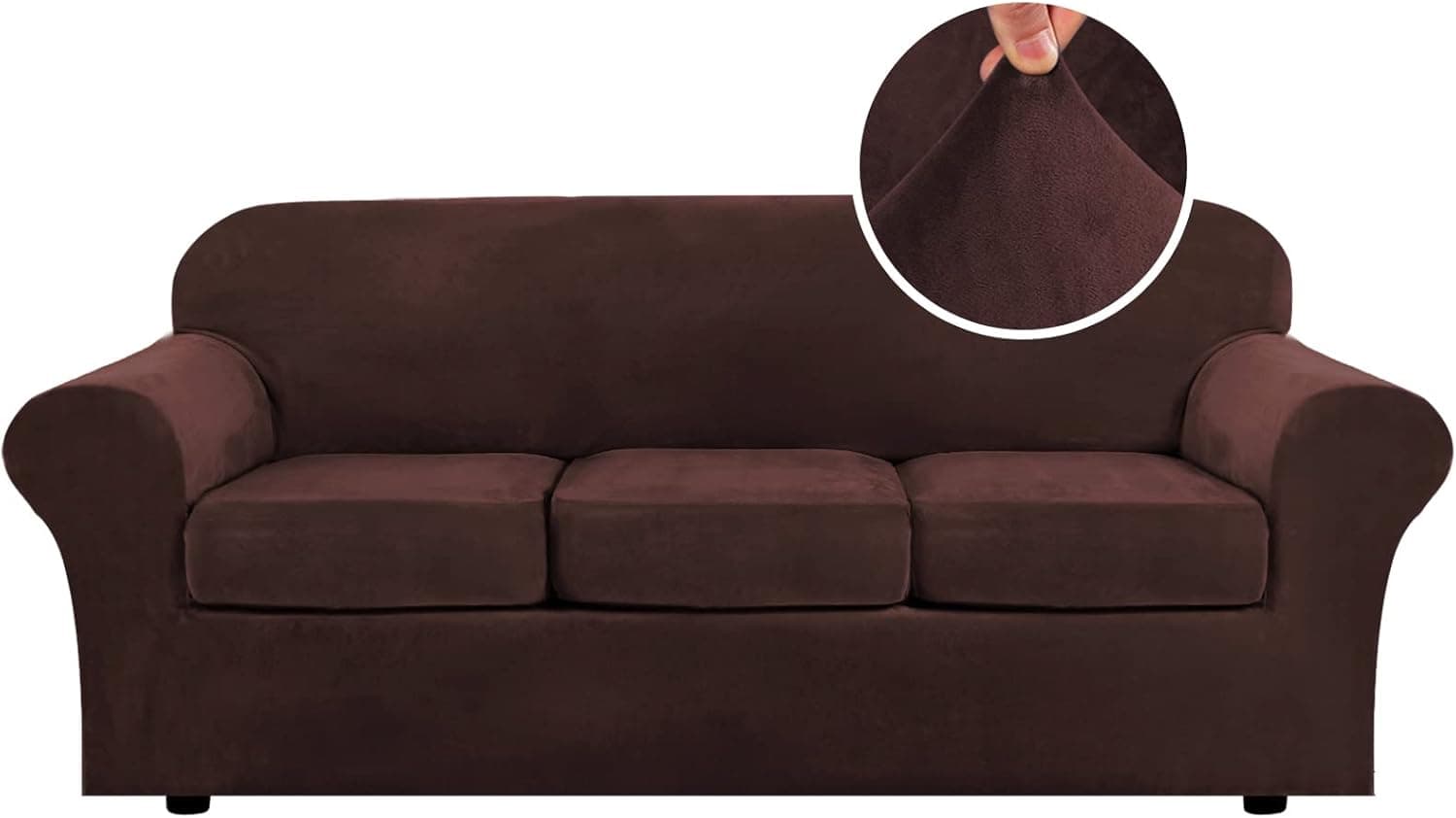 H.VERSAILTEX Modern Velvet Plush 4 Piece High Stretch Sofa Slipcover Sofa Cover Furniture Protector Form Fit Luxury Thick Velvet Sofa Cover for 3 Cushion Couch, Machine Washable (Sofa,Brown)