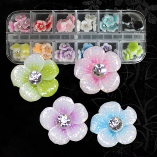 JASSINS 12 Colors 3D Acrylic Flowers 10mm with Glitter Coating for Nail Art Decoration