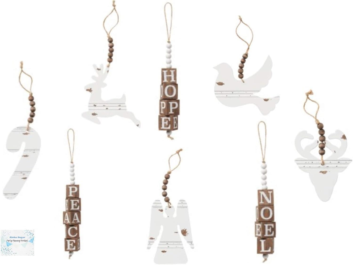 Aloha Sugar Farmhouse Christmas Ornaments - Set of 8 Rustic Christmas Ornaments - Perfect White Chippy Christmas Modern Farmhouse Christmas Decorations and Country Christmas Ornaments!